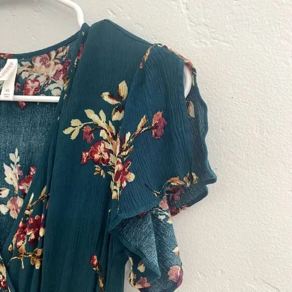 Xhilaration | Teal Floral Maxi Dress Flutter Sleeves Faux Wrap - Picture 2 of 9